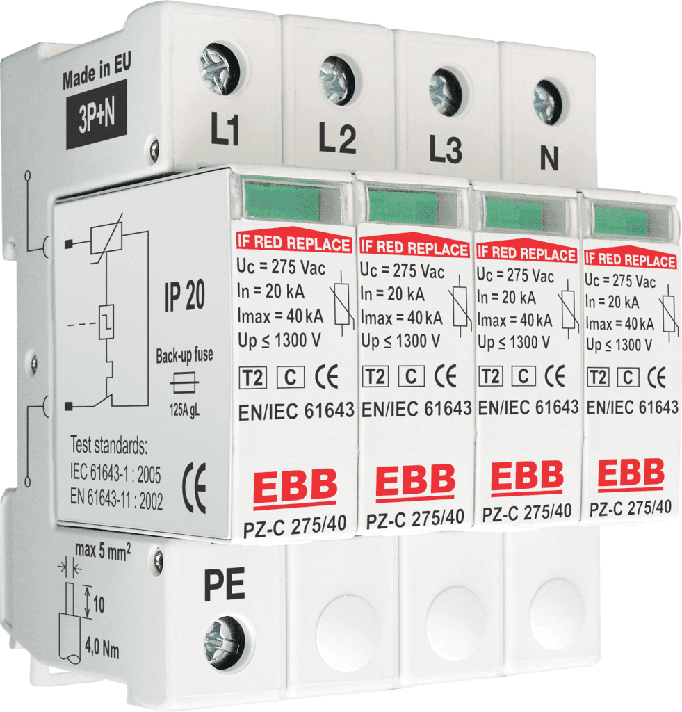 EBB PZ-C 275/40 mounted on a DIN rail in a distribution board